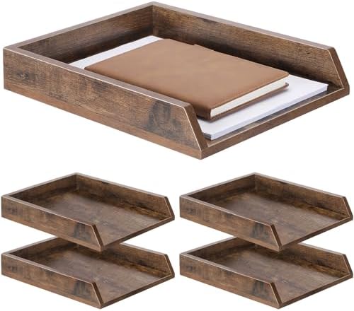 DoubleFill 4 Pcs Wooden Letter Tray 2 Tier Letter-Size Desk Tray, Dark Wood by DoubleFill