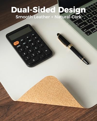Aothia Dual-Sided Desk Pad - Leather Desk Mat, Natural Cork Desk Pad Protector, Large Mouse Pad for Desk, Waterproof Desk Blotter Pad, Desk Writing Pad for Office Work/Home, Off-White (25.6"x13.7") - Image 2