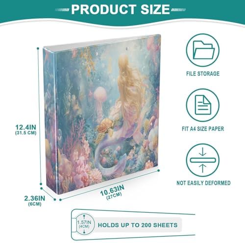 Beautiful Mermaid Coral Round Ring Binders 1.5 Inch 3 Ring Binder with Clipboard Holds 200 Sheets Office Home School - Image 4