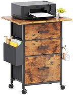 3-Drawer Mobile File Cabinet with 22" Wide Printer Stand, Fabric Filing Cabinet with Side Bag & Headphone Hook, Fits Letter/A4 Size Hanging File Folders, Rolling Home Office Organizer, Rustic Brown by Flrrtenv