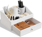 LADSTAG Office Desk Accessories,Beige White Vegan Leather Office Organizer with 1 Drawer & Tray,Pen Holder with Gold-Tone Metal Accents Knob for End Tables,Bedside Table,Bedroom. by LADSTAG