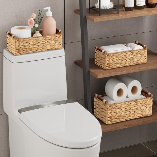 Vagusicc Wicker Storage Basket, Set of 2 Hand-Woven Water Hyacinth Wicker Basket for Organizing with Handle Decorative Storage Bins for Counter Pantry Shelves Toilet Paper Basket for Toilet Tank Top - Image 6