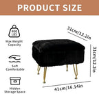 Small Foot Stool with Storage & Gold Metal Legs, Small Ottoman Foot Rest Under Desk for Couch, Chair, Black Furry with High-Density Resilient Sponge - Image 2