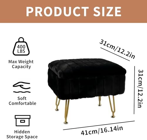 Small Foot Stool with Storage & Gold Metal Legs, Small Ottoman Foot Rest Under Desk for Couch, Chair, Black Furry with High-Density Resilient Sponge - Image 2