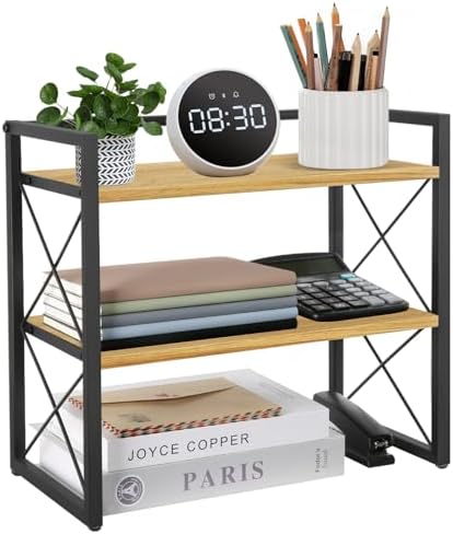 YINMIT Desktop Shelf Organizer, 2 Tier Office Shelves, Wood Desk Organizer Storage Rack and Freestanding Display Shelf for Office, Dormitory, Home (Black Wood) by YINMIT