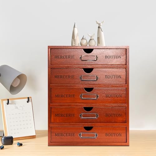Vintage Wooden Drawers Organizer, 16-Drawer Desktop Storage Box With Drawers, Iron Label Holders, Apothecary Cabinet For Countertop Tea Coffee Pod Storage(5-Drawer/Brown) - Image 5