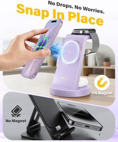 3 in 1 Fast Charging Station for iPhone, 25W Wireless Magnetic Phone Charger for iPhone 17 16e 16 15 14 13 12 Serise, Watch Charger Stand, Wireless Charging Station for AirPods 4 3 Pro, Purple - Image 5