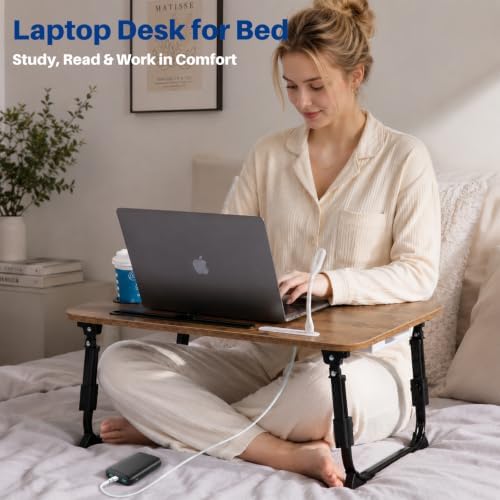 BYMECOST Laptop Desk for Bed, Height Adjustable Laptop Bed Table, Foldable Portable Lap Desk Stand with USB/Storage Drawer/Cup Holder/Slot, Breakfast Tray for Working Reading Writing Eating - Image 2