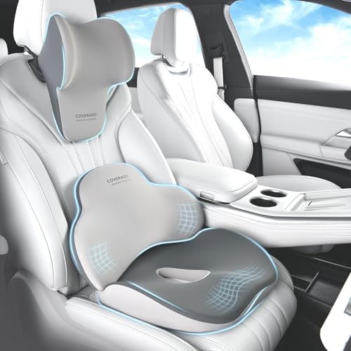 Coverado Car Seat Cushion and Lumbar Support with Headrest Pillow Memory Foam Ergonomic Back Support Driving Seat Cushion Neck Head Pillow, Back Pain Relief, Cushion for Car Driver Office by COVERADOAUTO