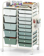 Giantex 15 Drawer Storage Cart, Rolling Craft Cart with Metal Tabletop & Pegboard, Mobile Utility Organizer Trolley with Locking Wheels, Home Office, Classroom, Teacher Supplies, Green Gradient by Giantex