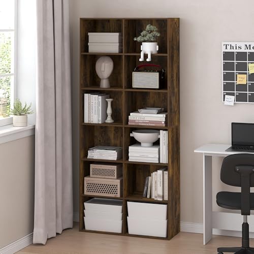 Furinno Basic Book Shelf, 12-Cube Bookshelf, Bookcase with Open Shelf, Cube Storage Organizer, 12 x 32 x 71, for Living Room, Home Office, Amber Pine - Image 2
