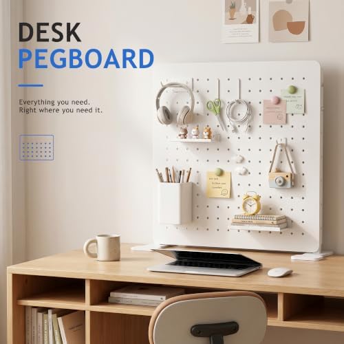White Metal Desk Pegboard Organizer, 15.75 in with Hooks and Shelves - Image 3