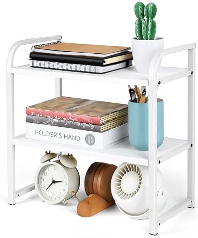 Desktop Shelf Organizer Office Desk Shelf for Top of Desk Wood & Metal Bookshelf Supplies Storage Rack (White) by UPRIMEASY