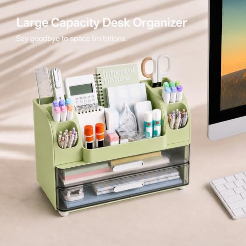 HBlife Desk Organizer with Pencil Pen Holder for Desk, Pen Organizer with 2 Drawers, Desk Organizers and Accessories with Compartments, Desktop Storage for Office, Home, School, Art Supplies, Green - Image 2