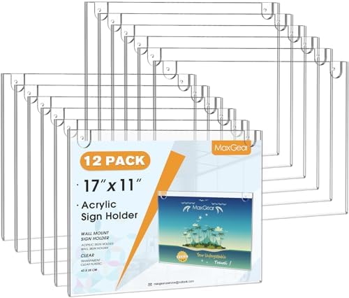 MaxGear Acrylic Wall Mount Sign Holder, 11 x 17 Landscape, 12 Pack by MaxGear