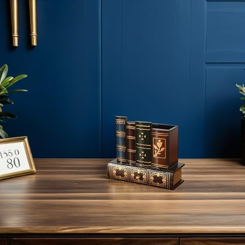 NUOBESTY Retro Pen Cup Holder Book Style Wooden Pencil Organizer Desktop Remote Pen Compartment Stand Home School Office Faux Book Pencil Caddy - Image 4