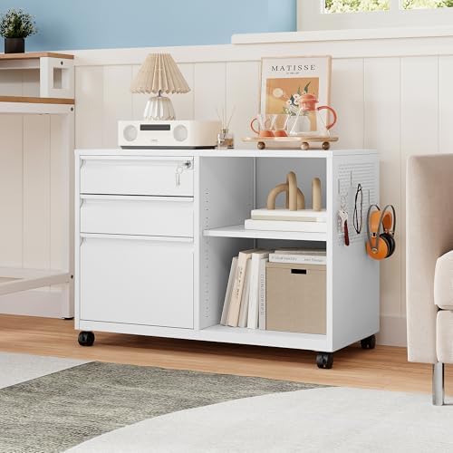 MIIIKO 3 Drawer File Cabinet with Lock, Metal Lateral Rolling Printer Stand Filing Cabinets for Home Office Storage,A4, Letter,File Folders(White) - Image 2