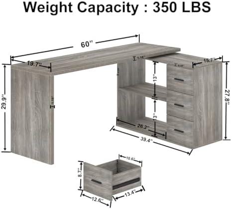 HSH Grey L Shaped Computer Corner Desk with 3 Storage Drawers 60 inch - Image 2
