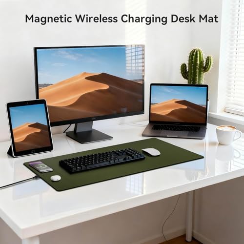 Wireless Charging Mouse Pad, 15W Fast Charge Magnetic Charger Desk Pad, Large Office Desk Mat (35.4"x16.9") with Ultra-Smooth Surface, Military Green Computer Mousepad for MacBook, PC, Laptop - Image 2