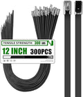 Metal Zip Ties 300 Pack 12 Inch, 304 Stainless Steel 300LBS Heavy Duty Zip Ties Black - Self-Locking Cable Ties for Exhaust Wrap，Chain Link Fence Parts, Outdoor Farms,Pipes by MasiStranth