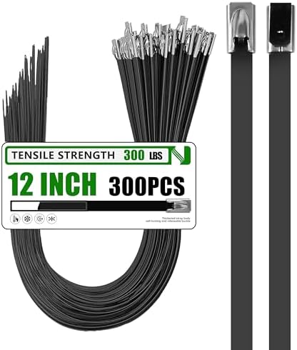 Metal Zip Ties 300 Pack 12 Inch, 304 Stainless Steel 300LBS Heavy Duty Zip Ties Black - Self-Locking Cable Ties for Exhaust Wrap，Chain Link Fence Parts, Outdoor Farms,Pipes by MasiStranth