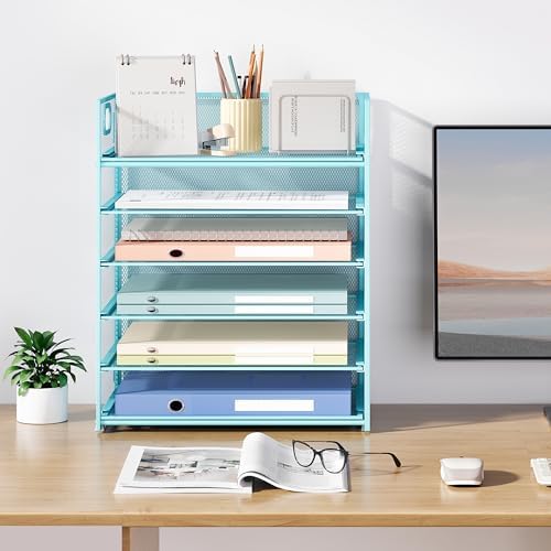 Subekyu 6 Tier Office File Paper Desk Tray Organizer with Handle, Stackable Slide Mesh Letter Tray Folder Blue Desk Organizer, Desktop Document Sorter for Classroom, Office, Home Supplies Storage - Image 7