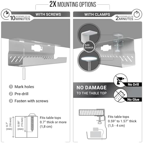 Under Desk Cable Management Tray no Drill – Wire Management - Cord Organizer – Huge Load Capacity – Under Desk Cable Tray no Drill (White, 2 Pieces Set) - Image 3