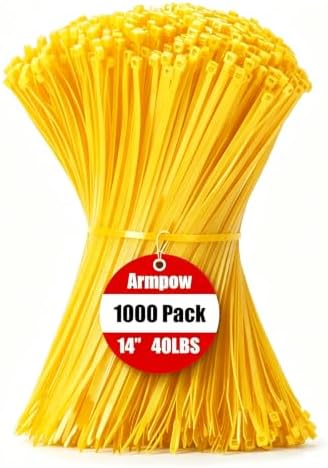 Armpow 14 Inch Zip Ties Yellow 1000 PCS, 40 Lbs- Heavy Duty Tensile Strength, Nylon PA66 UV Resistant Cable Ties for Indoor and Outdoor Use - Ideal for object bundling and fastening by HighQualityTies