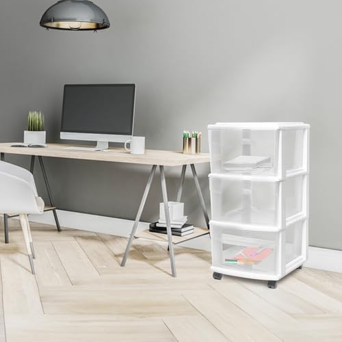 HOMZ Drawer Tower, 3-Tier Storage Cart with Removable Wheels, White Frame - Image 2