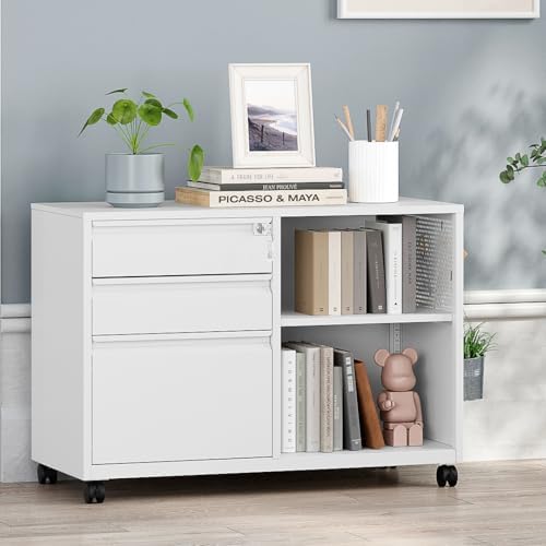 MIIIKO 3 Drawer File Cabinet with Lock, Metal Lateral Rolling Printer Stand Filing Cabinets for Home Office Storage,A4, Letter,File Folders(White) - Image 5