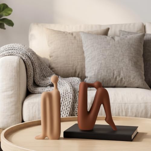 Decorative Ceramic Bookends,Thinker Statue Abstract Decor Book Holders,Matte Ceramic Sculpture Abstract Book Ends,Double Duty Decor Bookends, Modern Home Office Cream Beige & Brown - Image 2