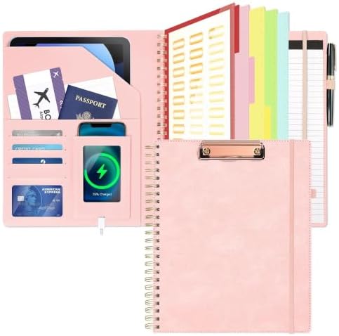 Clipboard with Storage for Men Women, Leather Padfolio Portfolio Organizer 5 Folders with 10 Pockets, Spiral Clipboard Folio with Notepad for Letter Size, Elastic Closure and Pen Loop Pink by OspelelfOfficeSupplies