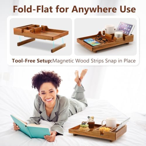 Couch Insert Tray for Middle Seat, Acacia Wood Couch Table with 2 Cup Holders, Fits Armless Sofa & Sectionals, Fold-Flat Tray for Drinks, Snacks & Remotes - Image 4