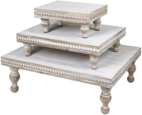 MAONAME Wood Display Risers Set of 3, Vintage White Wooden Pedestal Stand by MAONAME