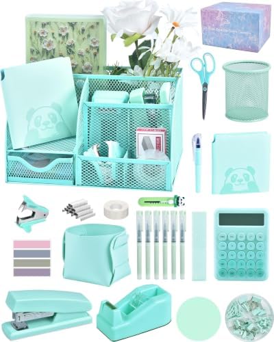 23Pcs Green Desk Accessories and Organizer Set with Mesh Organizer, Stapler, Tape Dispenser, Calculator, Green Office Supplies for Women, Beautifully Presented in a Gift Box by Vamrak