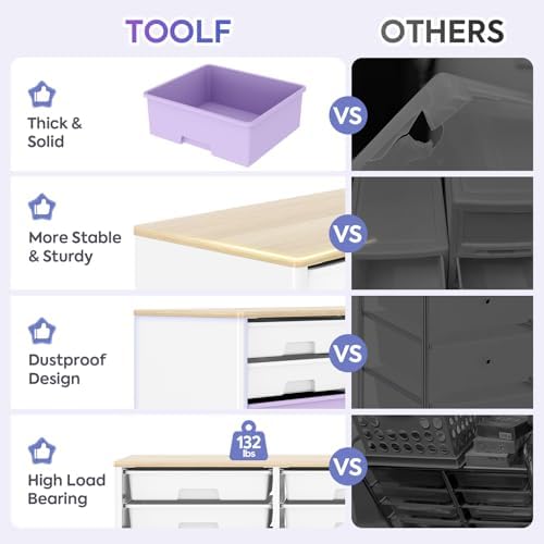 TOOLF 12 Drawers Storage Cabinet with Wooden Top and Plastic Bins,Purple - Image 6