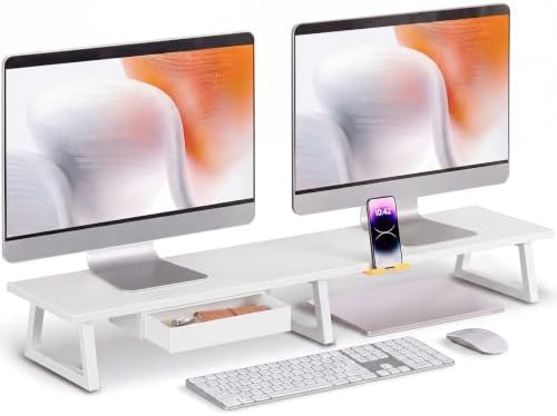 TEAMIX 42 inch Dual Monitor Stand with Storage Drawer & Phone Holder, White by TEAMIX