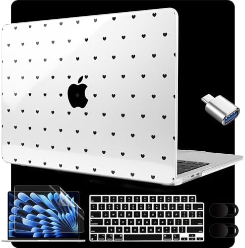 MEEgoodo for M5/M4/M3/M2 MacBook Air 15 inch Case 2026 2025 2024 2023, Case Fit Model (A3448/A3241/A3114/A2941) for MacBook Air 15.3 inch, Black Hearts by MEEgoodo