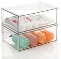 mDesign Plastic Stackable Bathroom Storage Organizer Bin Containers with Front Pull Drawer for Bathroom Countertop, Vanity, Closet Shelves - Holder for Accessories - Lumiere Collection, 2 Pack, Clear by mDesign