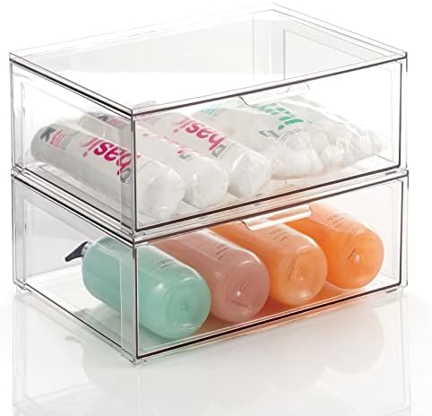 mDesign Plastic Stackable Bathroom Storage Organizer Bin Containers with Front Pull Drawer for Bathroom Countertop, Vanity, Closet Shelves - Holder for Accessories - Lumiere Collection, 2 Pack, Clear by mDesign