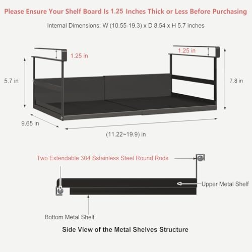 Expandable Under Cabinet Shelf Organizer with 1.25 Inches Thick Clips, Heavy Duty Extendable Under Shelf Storage Basket for Pantry or Laundry Room, Black, 1 Pack, Interior: 5.7" H x 8.54" D - Image 3