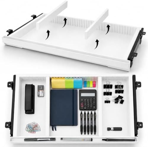 Under Desk Drawer, Adjustable Dividers, Impact-Resistant, 22" – White by Unknown