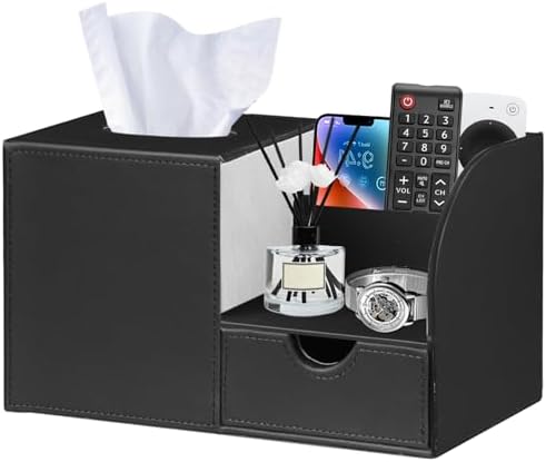 Nightstand Organizer with Tissue Holder,PU Leather Square Tissue Box Cover by PUSU