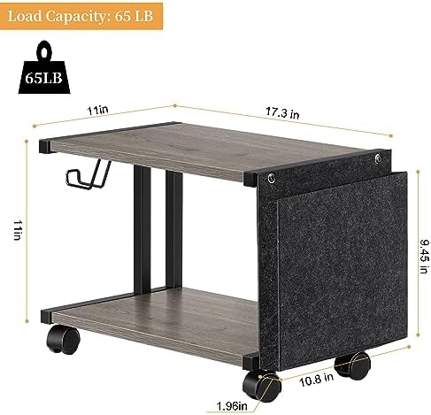 BTY Printer Stand Under Desk Printer Table with Storage Small Printer Cart with Wheels 2 Tier Desktop Printer Stands for Home Office Fax Machine Scanner Files (Grey) - Image 2