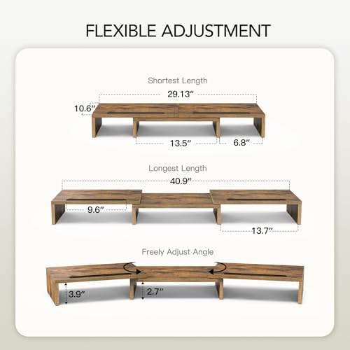 AMERIERGO Dual Monitor Stand Riser- 3 Shelf Screen Stand with Adjustable Length and Angle, 2 Extra Functional Slot Desktop Organizer Stand for PC, Computer, Laptop (Rustic Brown) - Image 2