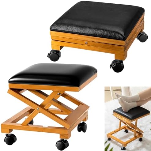 CroBlissful 2 Pack Rolling Adjustable Foot Rest Foldable Under Desk Ottoman with Wheels Leather Foldaway Guitar Foot Stool for Home Office Living Room Bedroom by CroBlissful