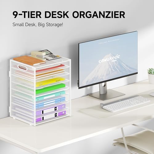 Cawukege 9 Tier Paper Organizer with Handle, Large Capacity Desk Organizer Mesh Paper Letter Tray File Folder Document Sorter for Classroom and Office Accessories Organization- White (2 Pack) - Image 2