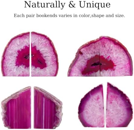 Natural Pink Dyed Agate Geode Bookends - 3 to 4 lb Heavy Duty Rock Crystal Stone Book Ends for Shelves, with Rubber Bumpers, Decorative Book Holders for Home Office - Image 5