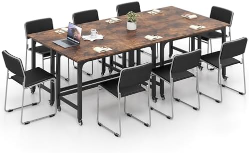 GOFLAME 4ft Conference Table Set of 4, Mobile Home Computer Desk, Meeting Room Table w/Detachable Storage Bag & 2 Headphone Hooks, Rolling Seminar Boardroom Table on Wheels, Black + Rustic Brown by GOFLAME