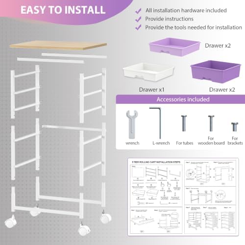 Goovilla Rolling Cart with 5 Drawers for Craft, Art, Dorm, Office, Purple - Image 6